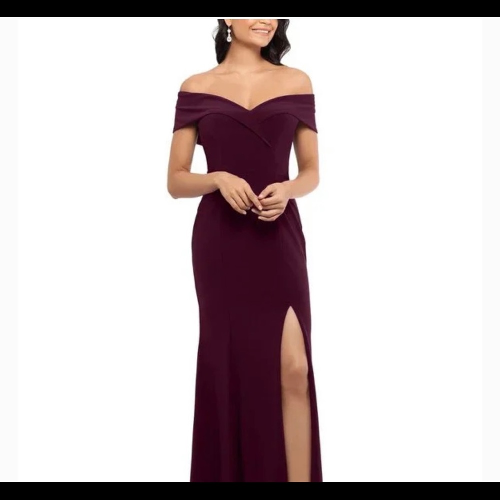 Macy’s Wine Burgundy Xscape Off-the-Shoulder Slit Gown